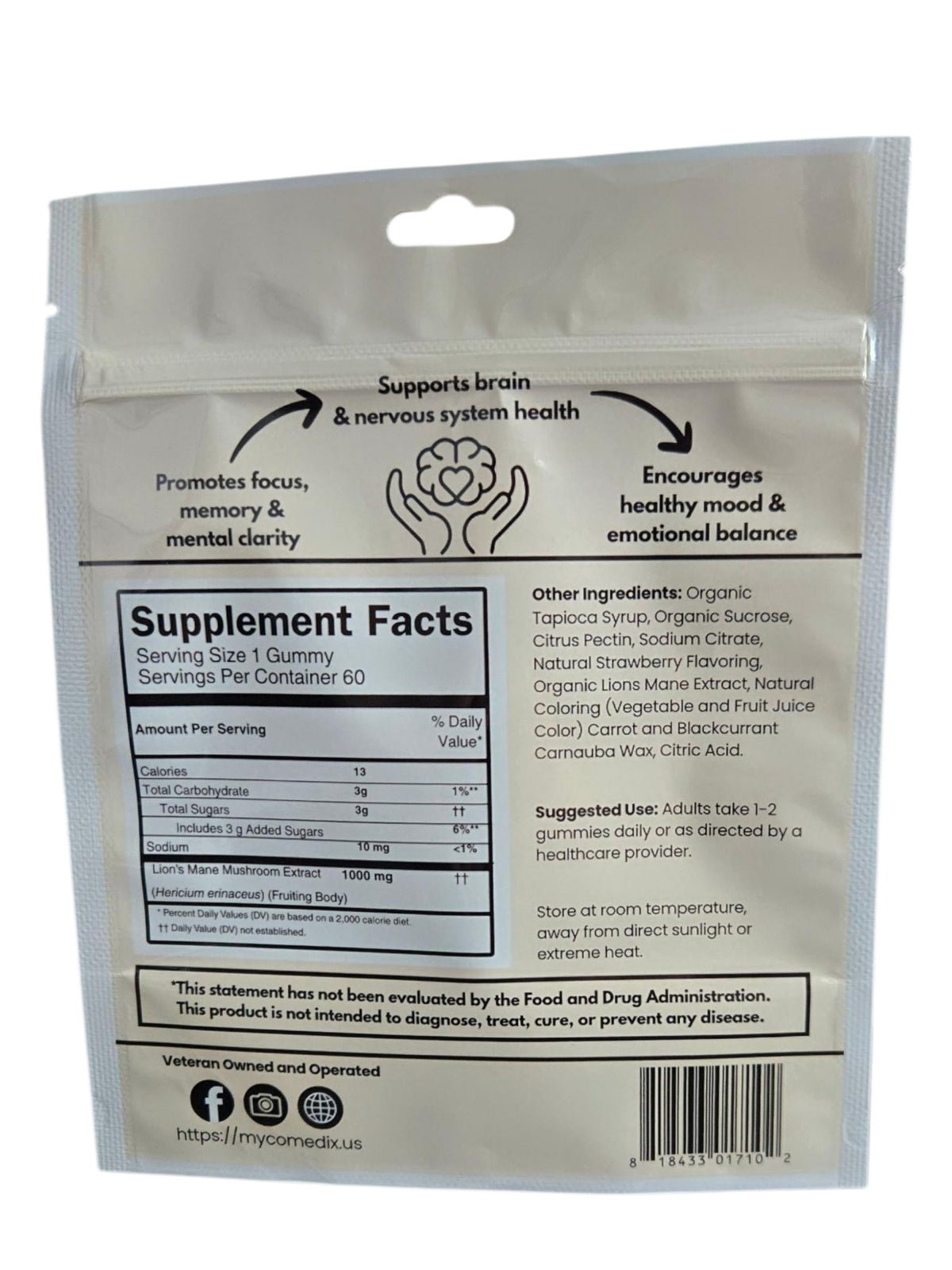 Sachet des gummies MYCOMedix, informations nutritionnelles arrière