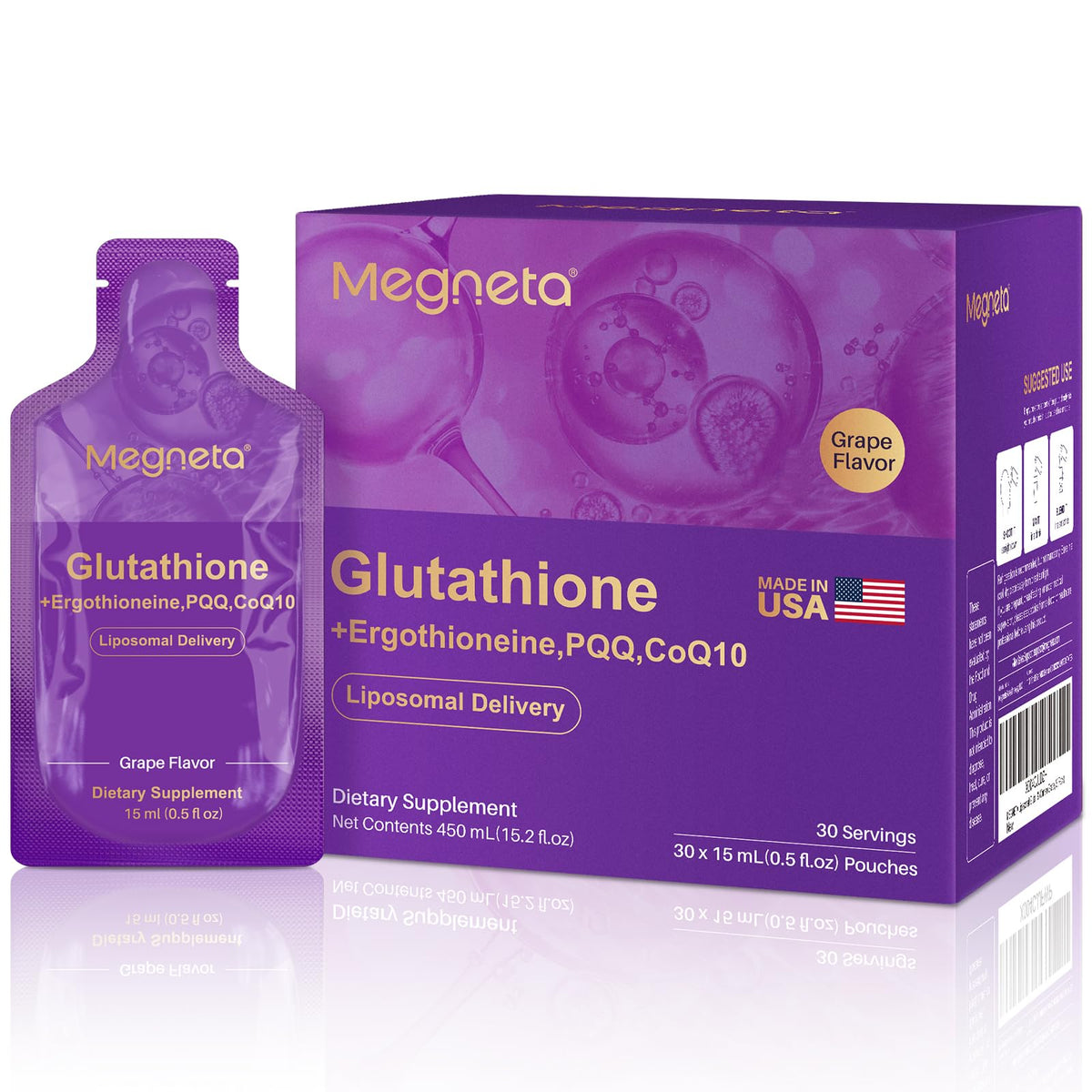 Sachet du complément alimentaire Liposomal Glutathione 500 mg de MEGNETA