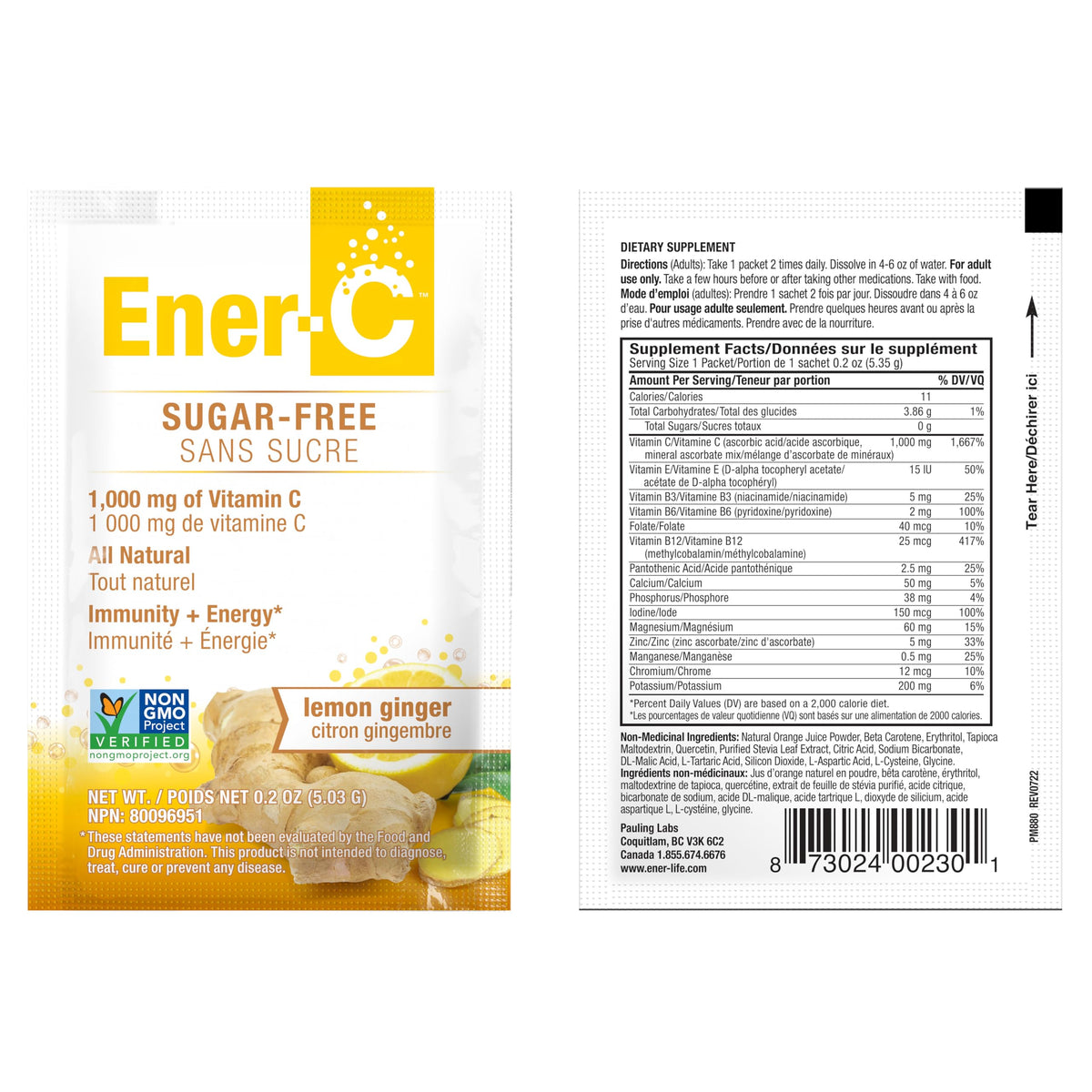 Sachet Ener-C citron gingembre avec des fruits frais en arrière-plan