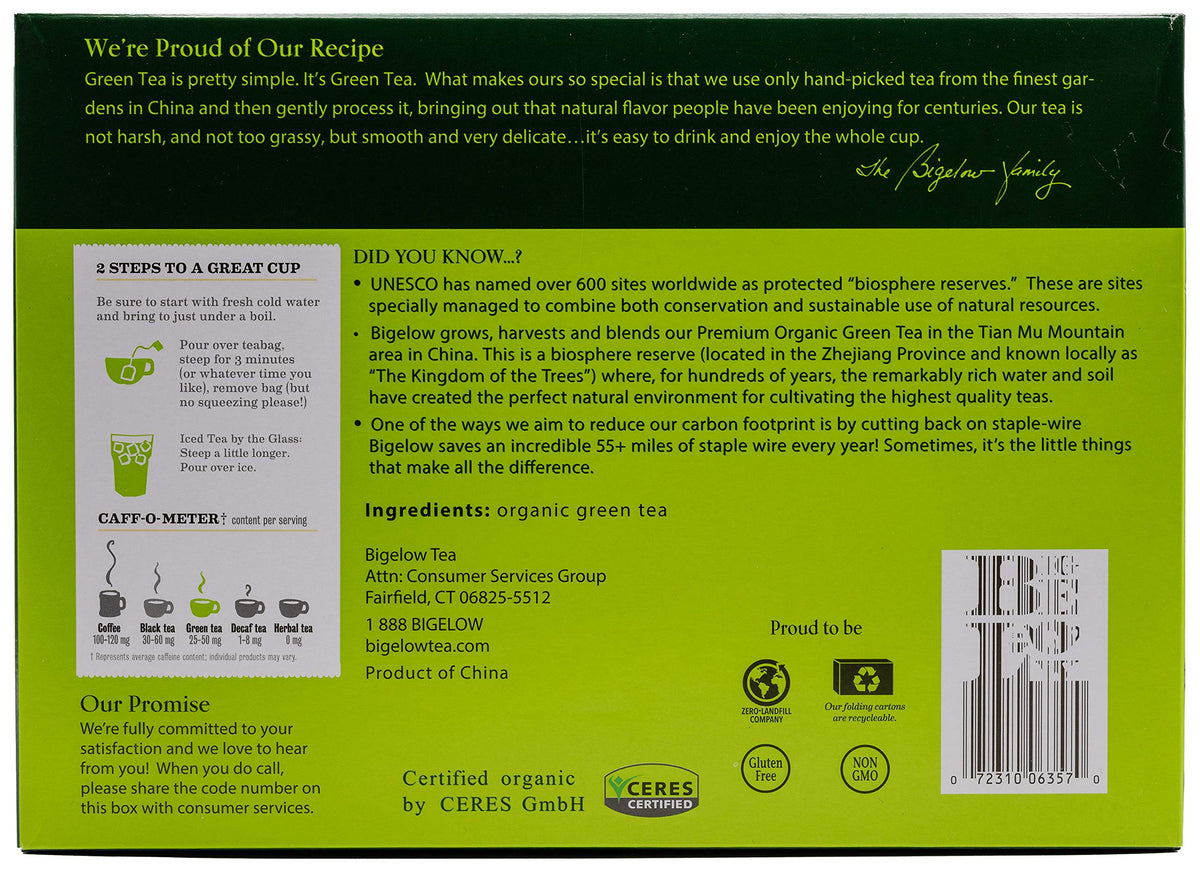Sachet individuel de thé vert Bigelow ouvert avec infusion