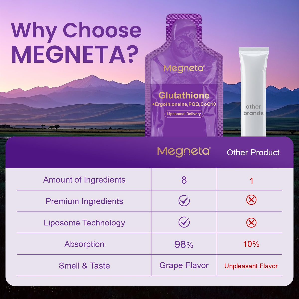 Sachet individuel du complément Liposomal Glutathione sur une surface plane