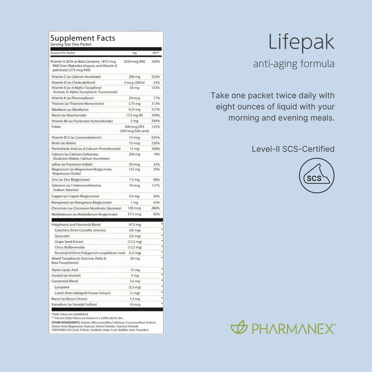 Sachet Pharmanex LifePak à côté d'un verre d'eau