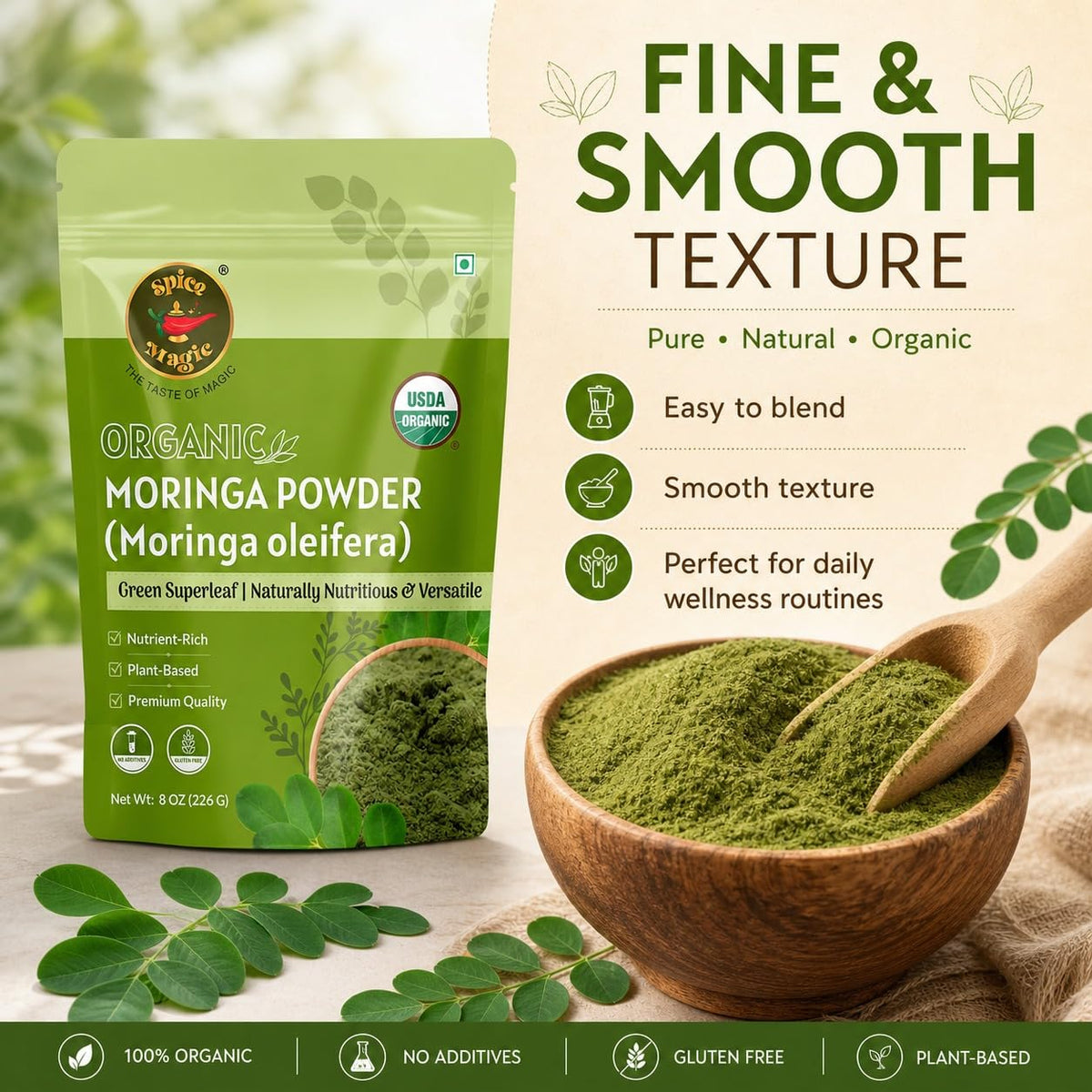 Sachet Poudre de Moringa Bio SPICE MAGIC sur une table