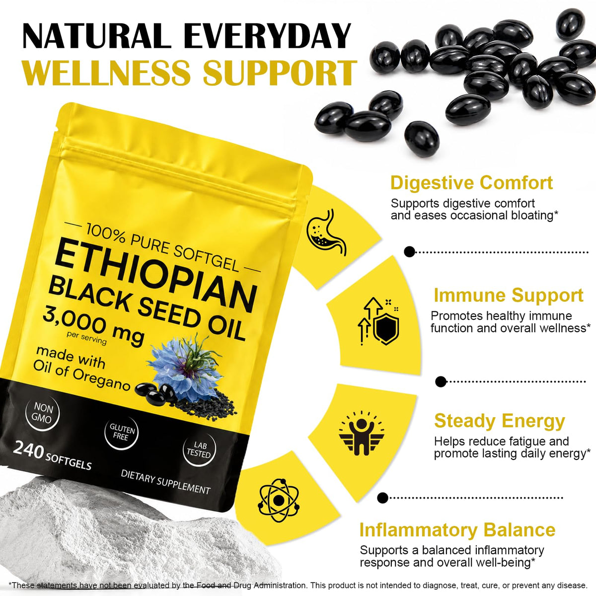 Sachet refermable d'huile de graines noires plomala avec étiquette