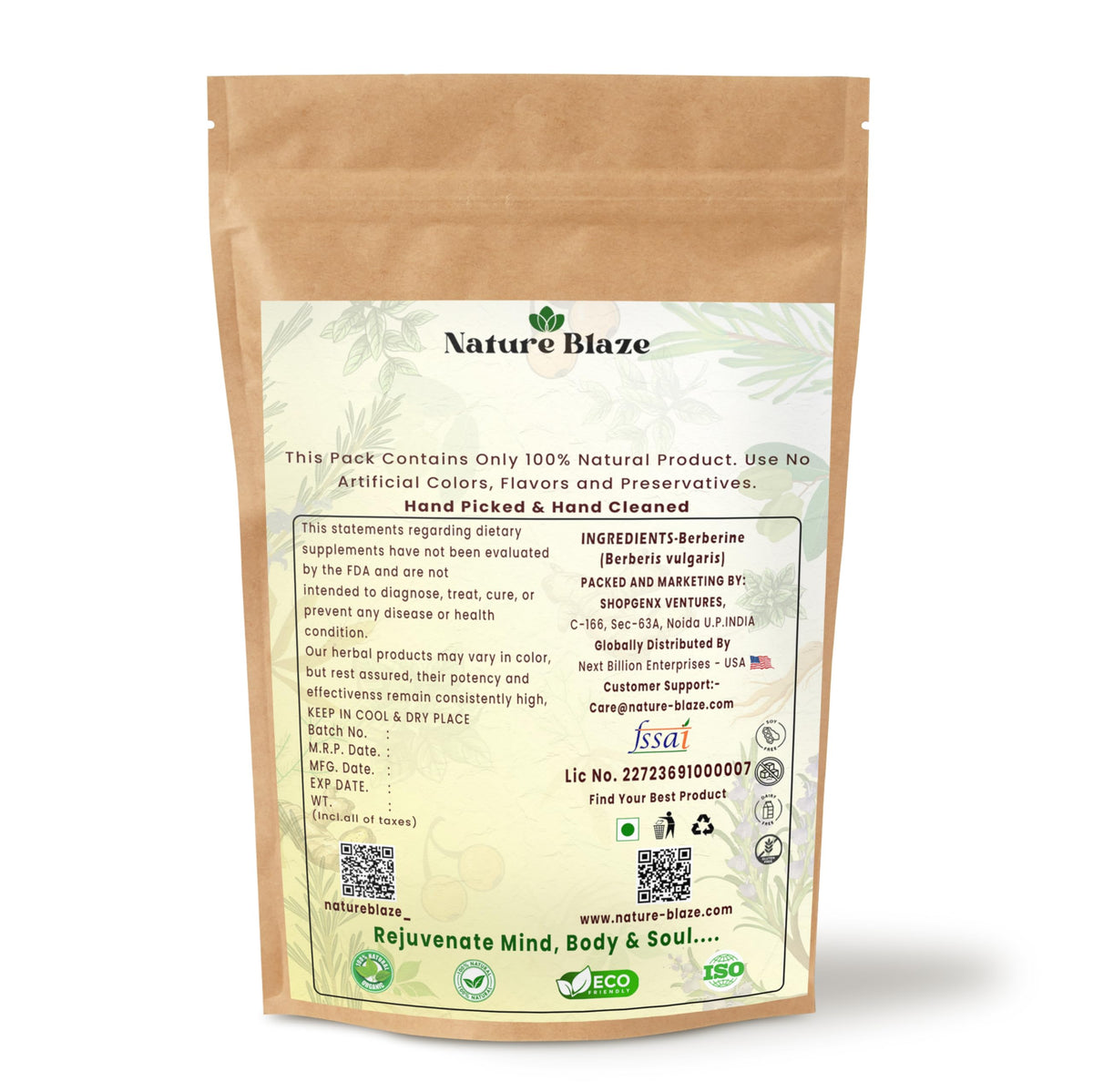 Sachet refermable de poudre d'extrait de berbérine Nature Blaze