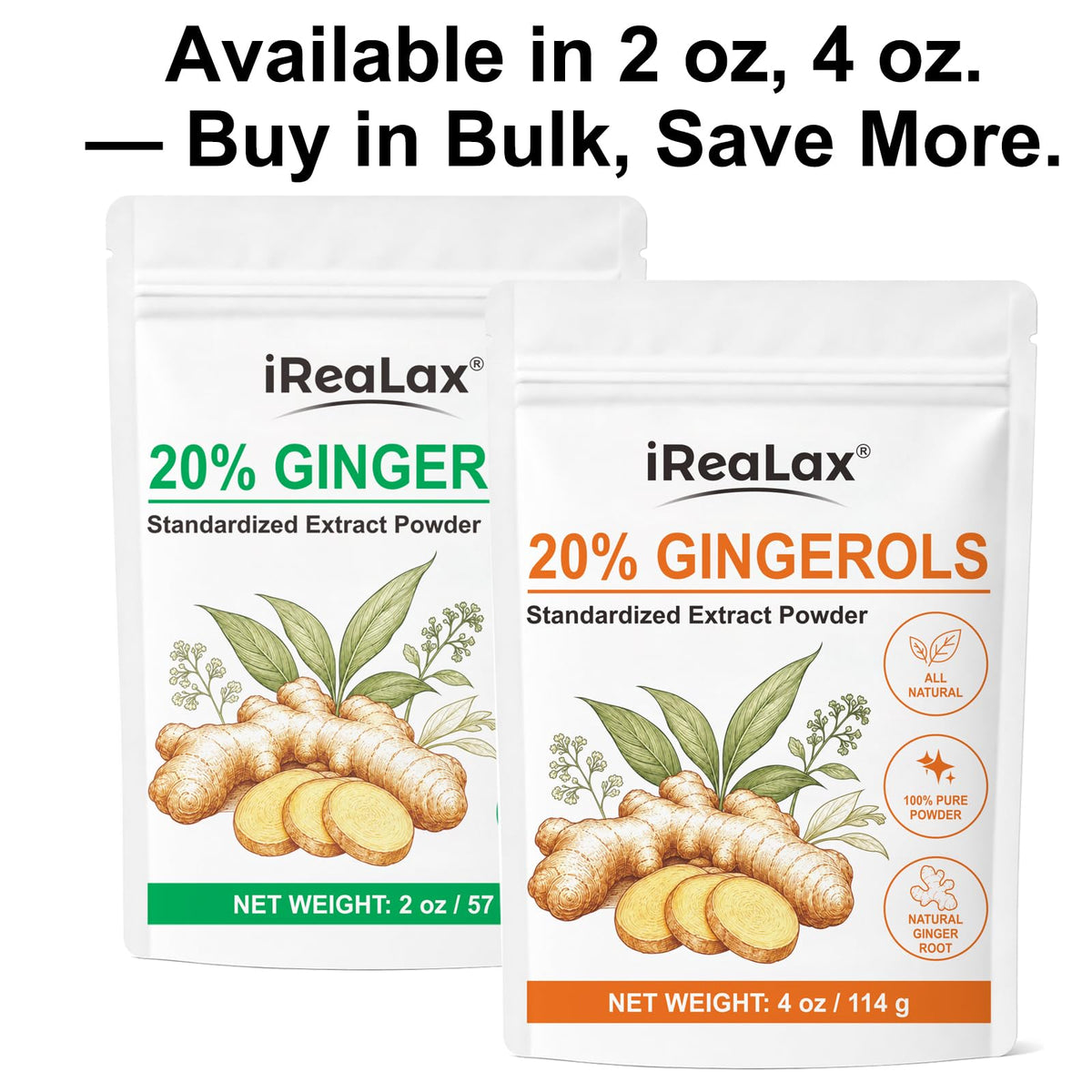 Sachet refermable de poudre d'extrait de gingembre 20% iReaLax