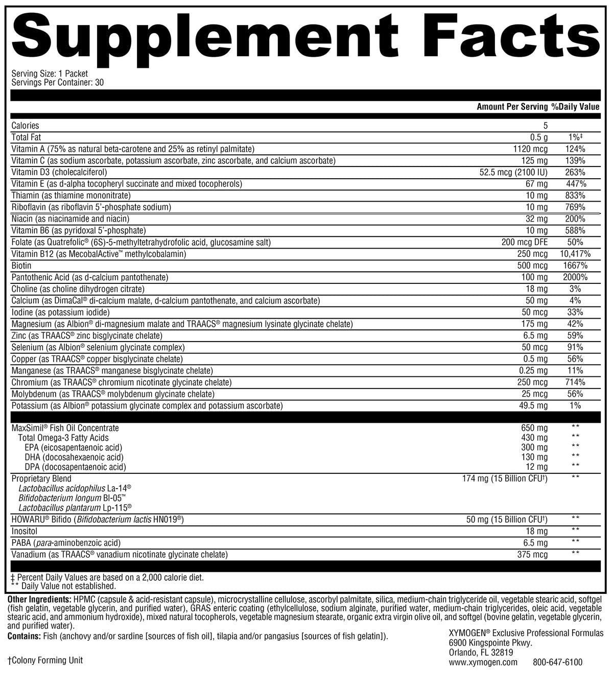 Sachet XYMOGEN Foundation Essentials avec ingrédients listés