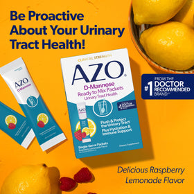 Sachets AZO D-Mannose sur une table avec des fruits