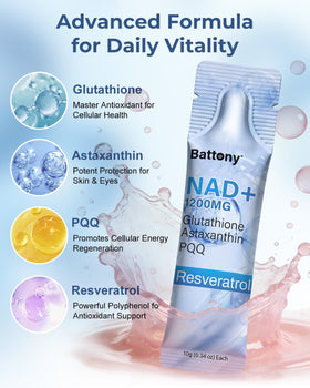 Sachets Battony NAD+ ouverts montrant le contenu liquide