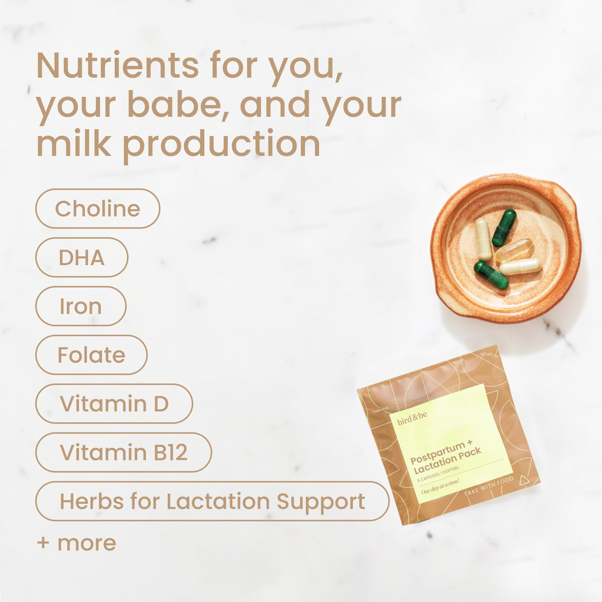 Sachets bird&be Postpartum ouverts avec contenu visible