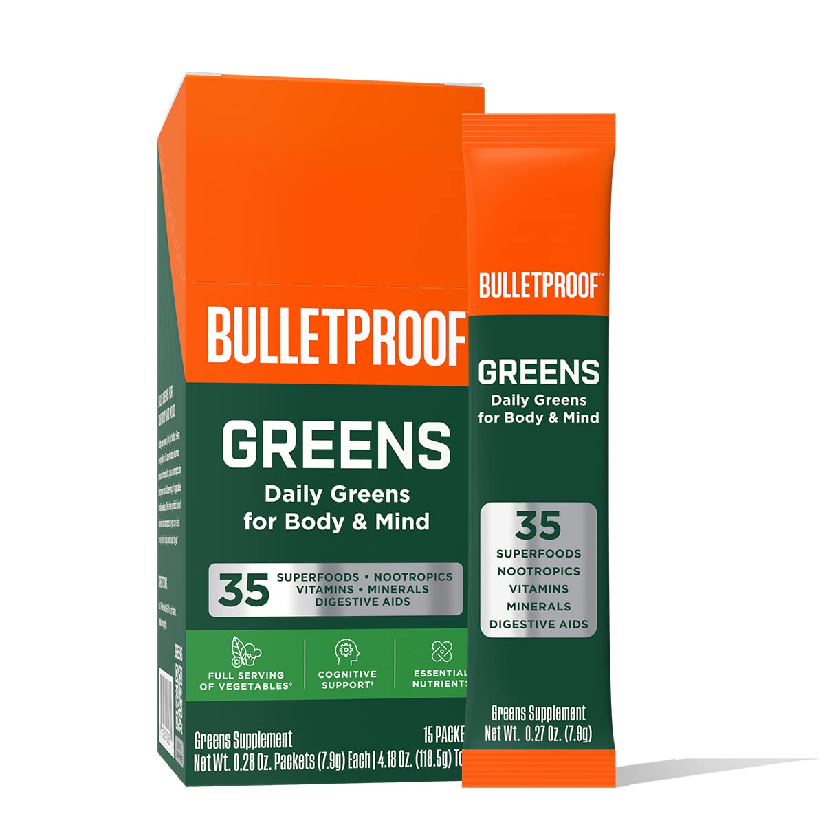 Sachets Bulletproof Greens 15 unités, boîte vue de face