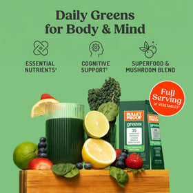 Sachets Bulletproof Greens avec verre d'eau et mélange
