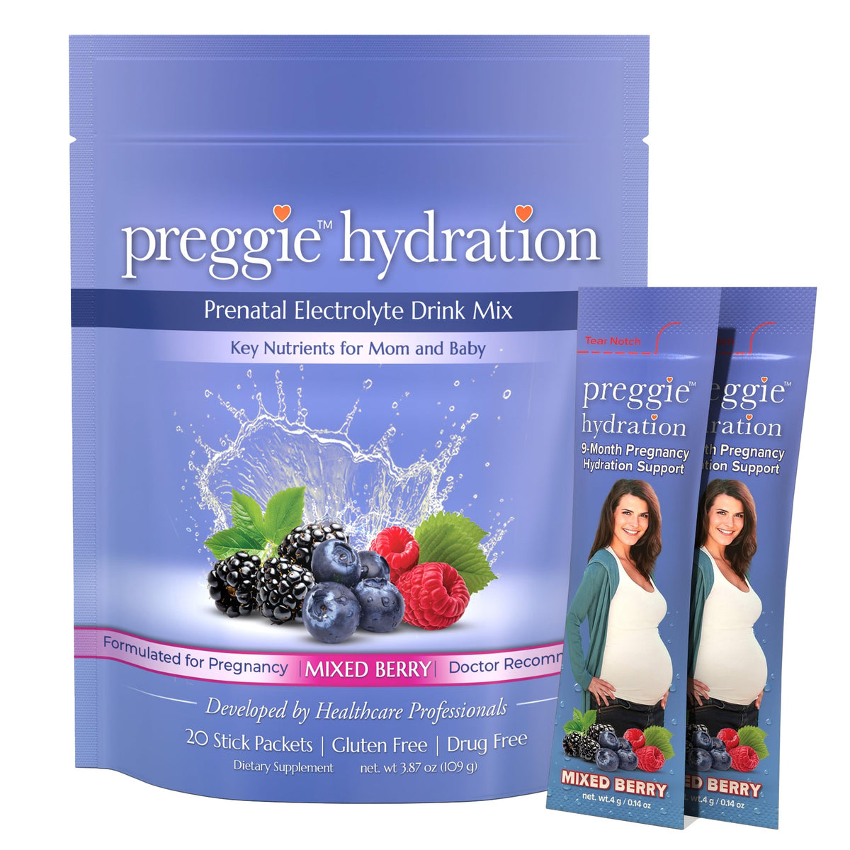 Sachets d'hydratation Three Lollies pour grossesse, 20 sachets au goût de baies mélangées