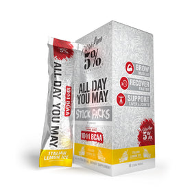 Sachets de BCAA AllDayYouMay sur une table
