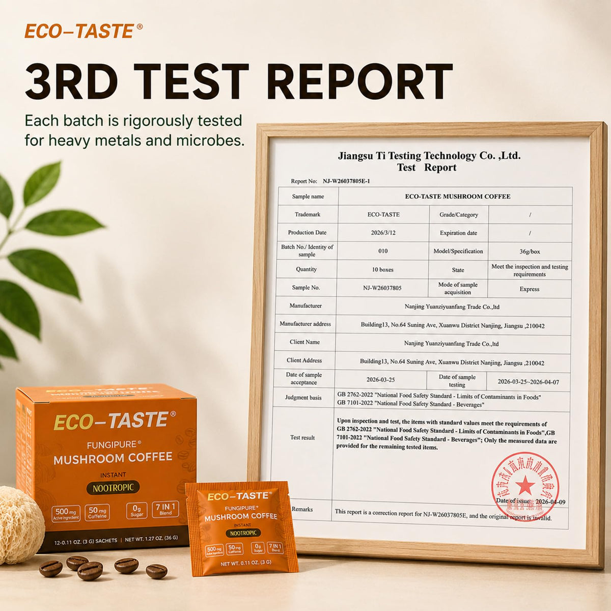 Sachets de café aux champignons ECO-TASTE sur une table