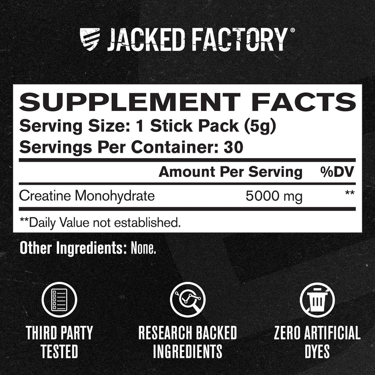 Sachets de créatine monohydrate Jacked Factory sur un plan de travail