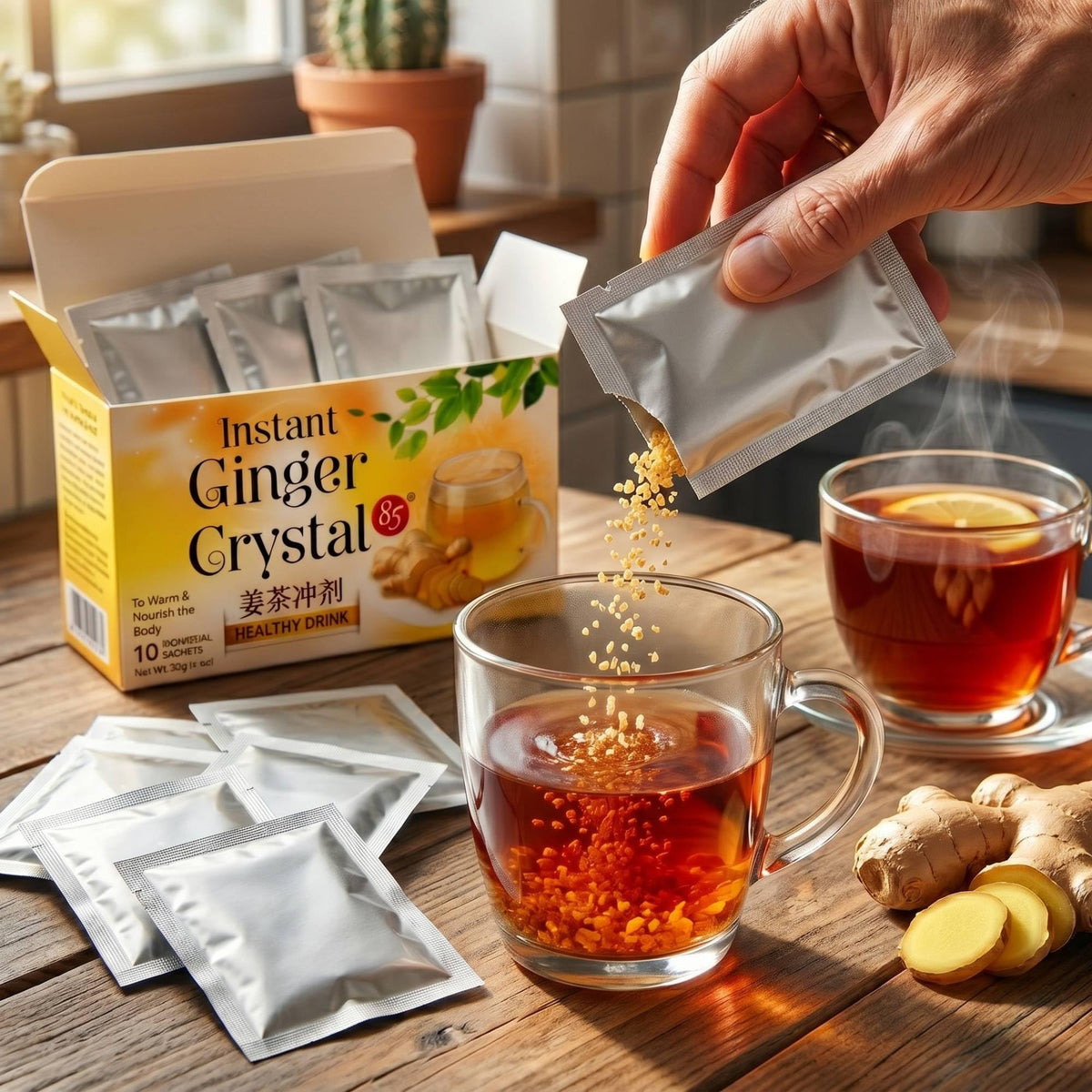 Sachets de cristaux de miel de gingembre Jans, sachet ouvert avec cristaux