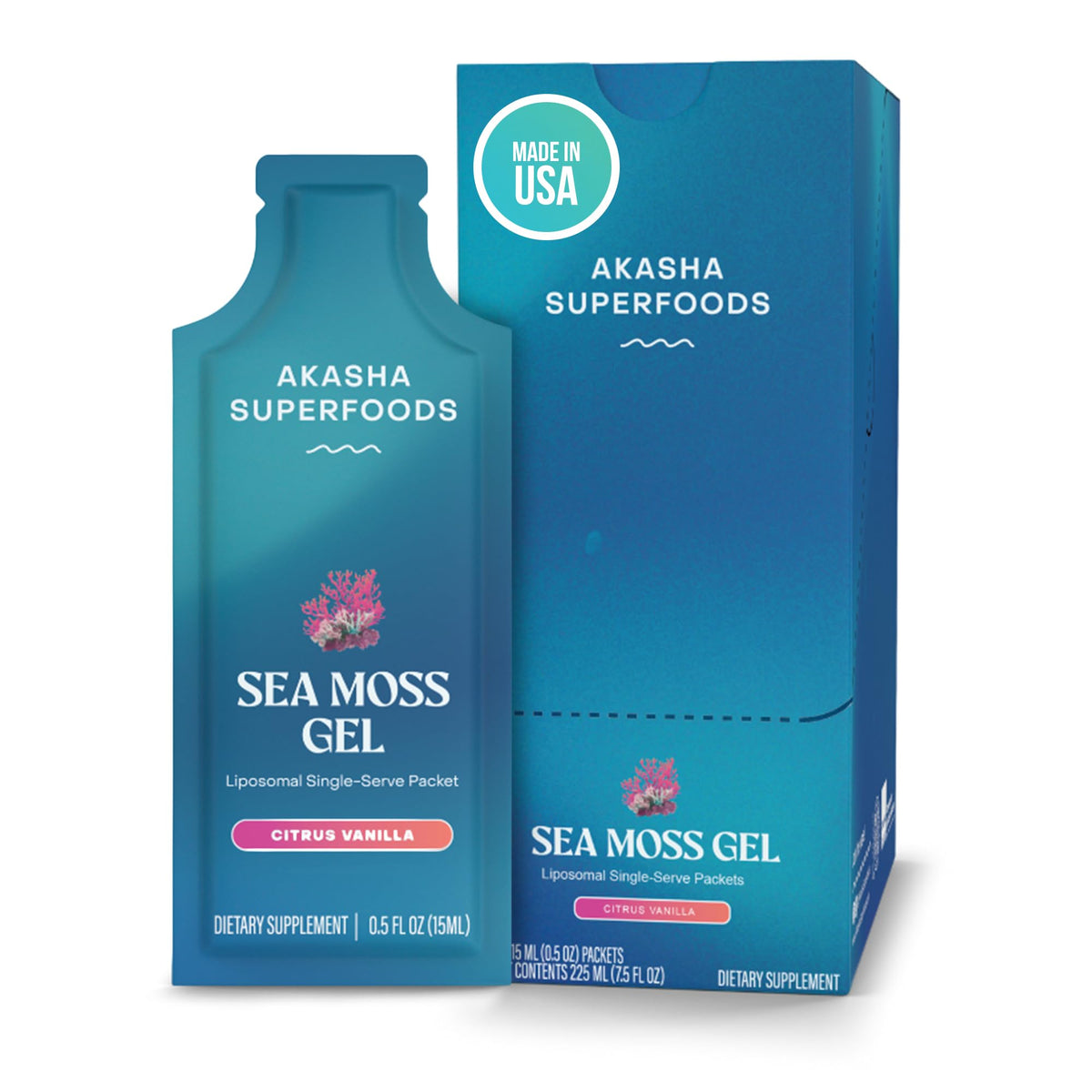 Sachets de Gel de Mousse de Mer Irlandais Liposomal Akasha Superfoods en vue de face