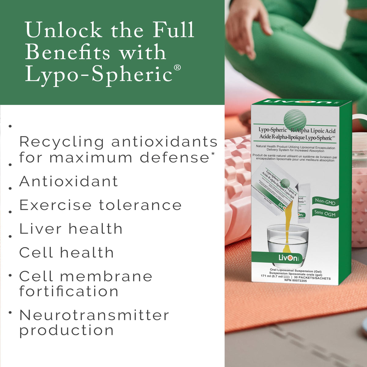 Sachets de LivOn Acide Alpha-Lipoïque R-ALA sur un fond neutre