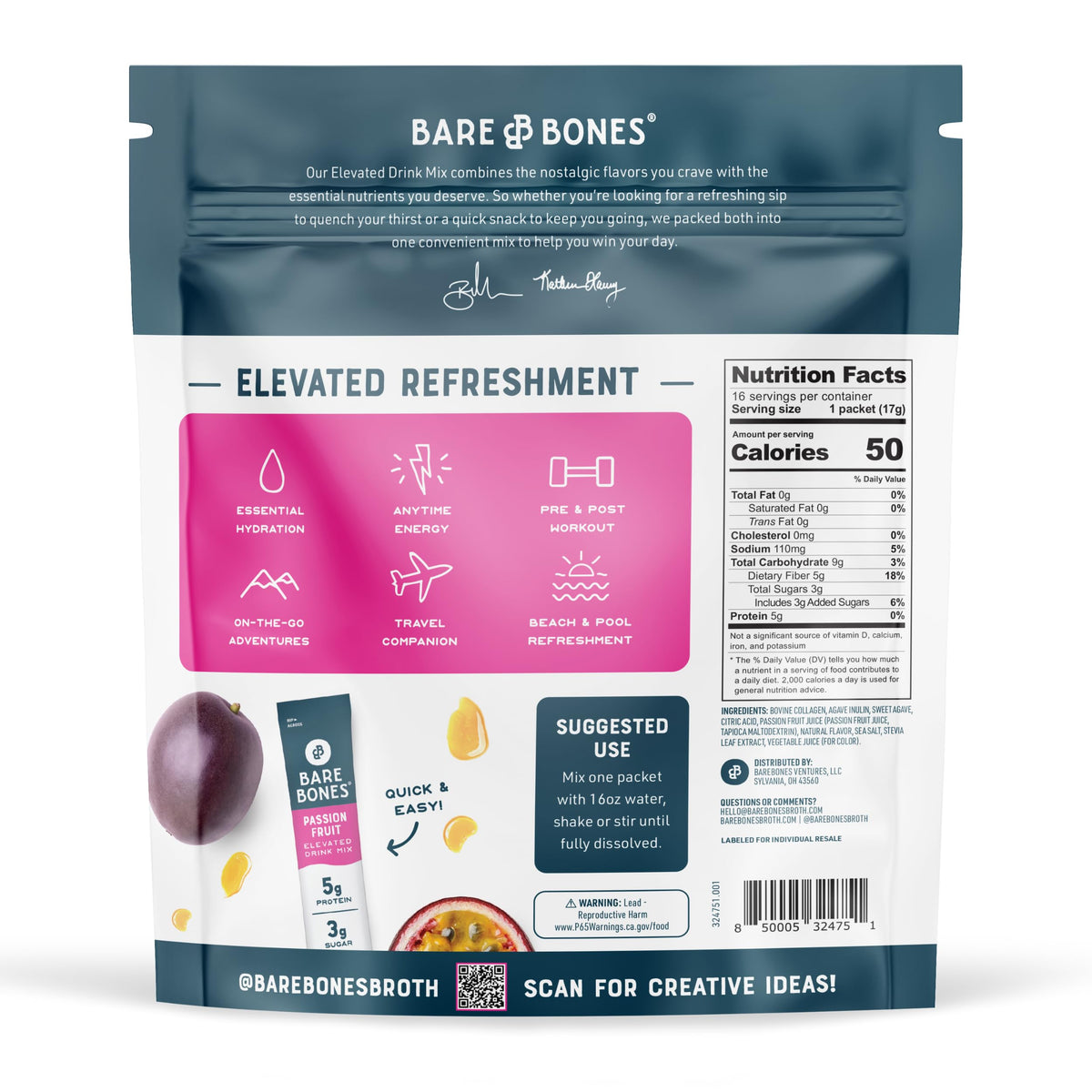 Sachets de Mélange de Boisson Collagène Bare Bones avec fruits frais en arrière-plan