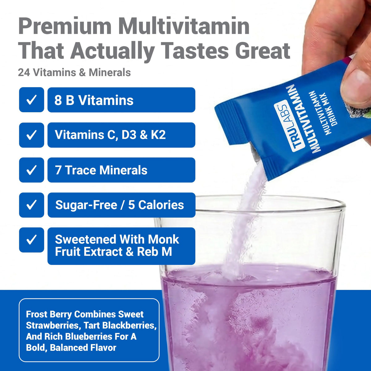 Sachets de Mélange de Multivitamines TRULABS avec ingrédients visibles
