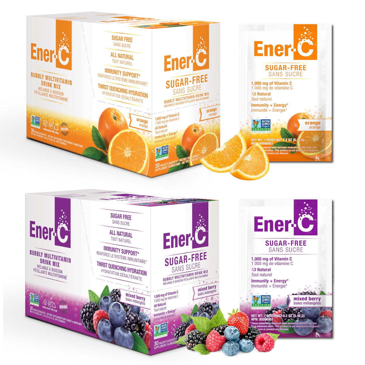 Sachets de mélange Ener-C multivitaminé sans sucre, saveur orange et baie