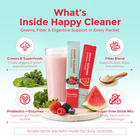Sachets de NEWELLME Happy Cleaner Greens sur une table