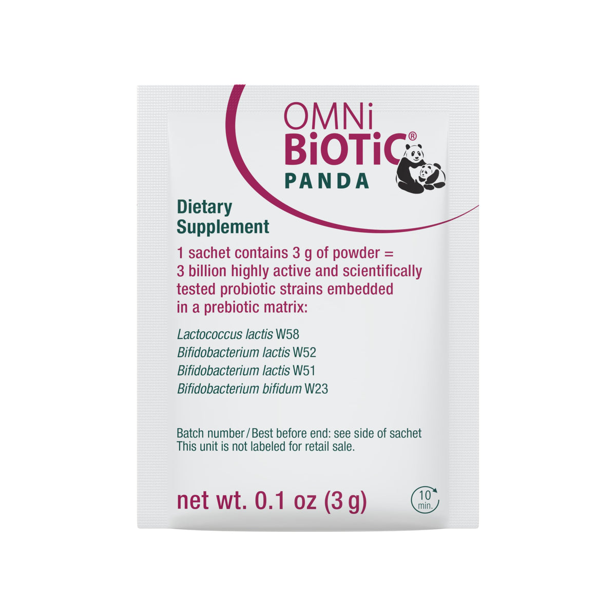 Sachets de OMNi BiOTiC Panda Poudre Probiotique sur une table