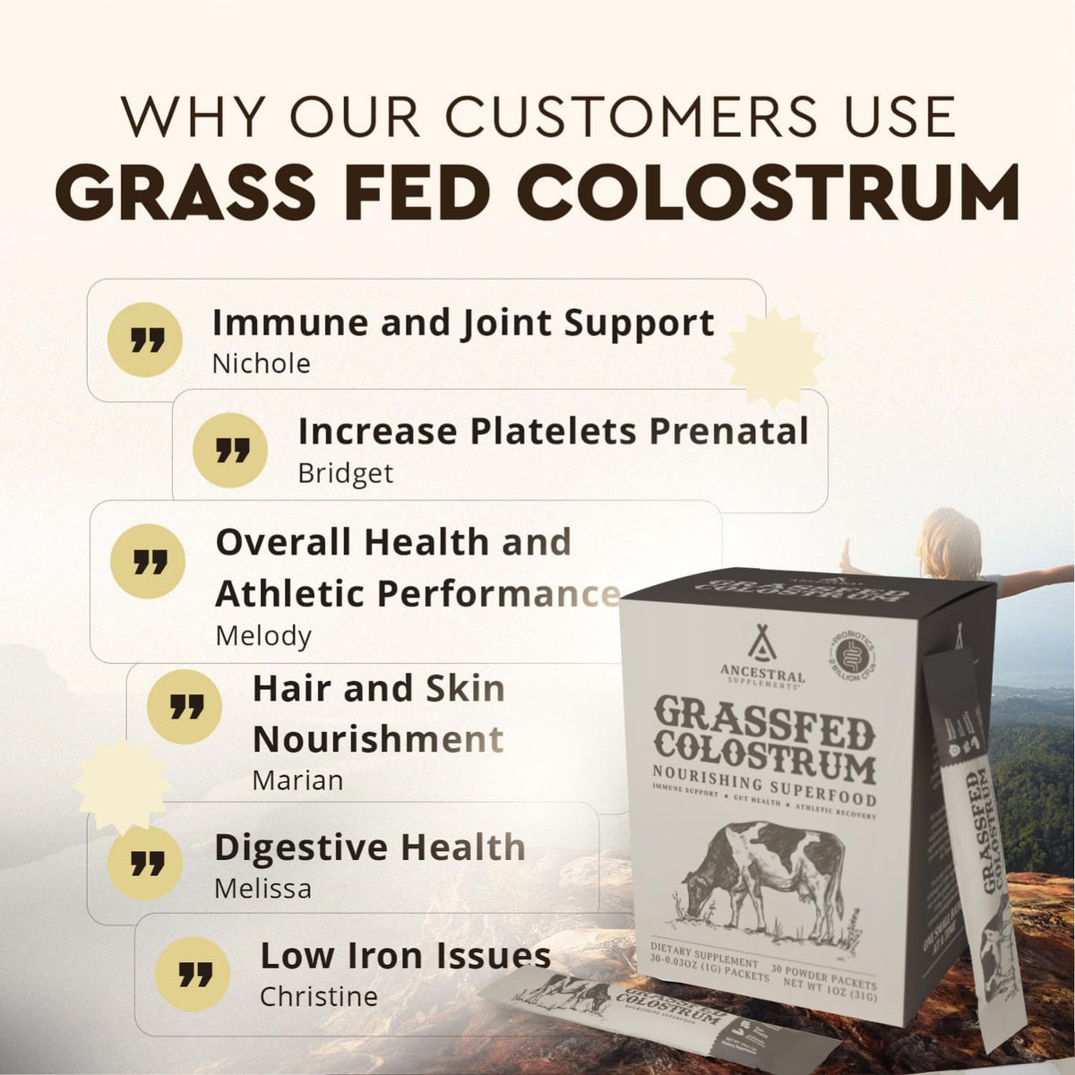 Sachets de poudre de colostrum bovin Ancestral Supplements en vue de dessus