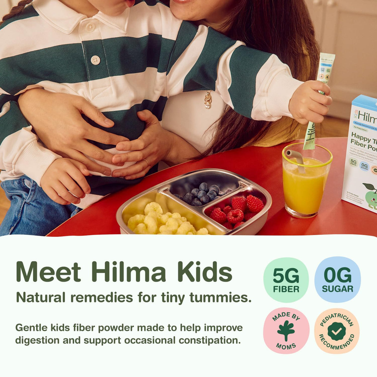 Sachets de poudre de fibre Hilma Happy Tummy sur une table