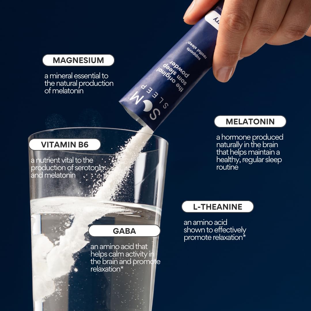 Sachets de Poudre de Sommeil Som Sleep avec ingrédients visibles