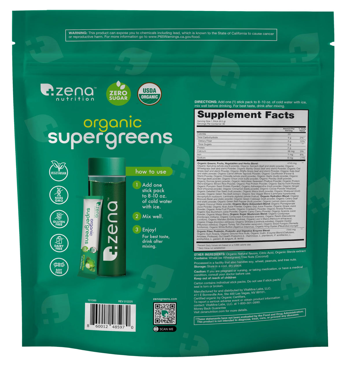 Sachets de poudre de super aliments bio Zena Nutrition ouverts