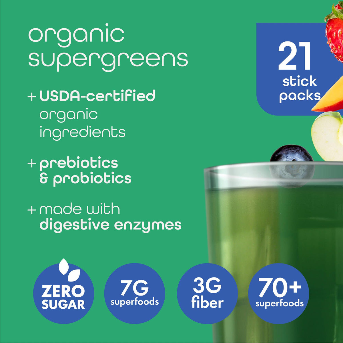 Sachets de Poudre de Super Greens Bio Zena Nutrition avec saveurs variées