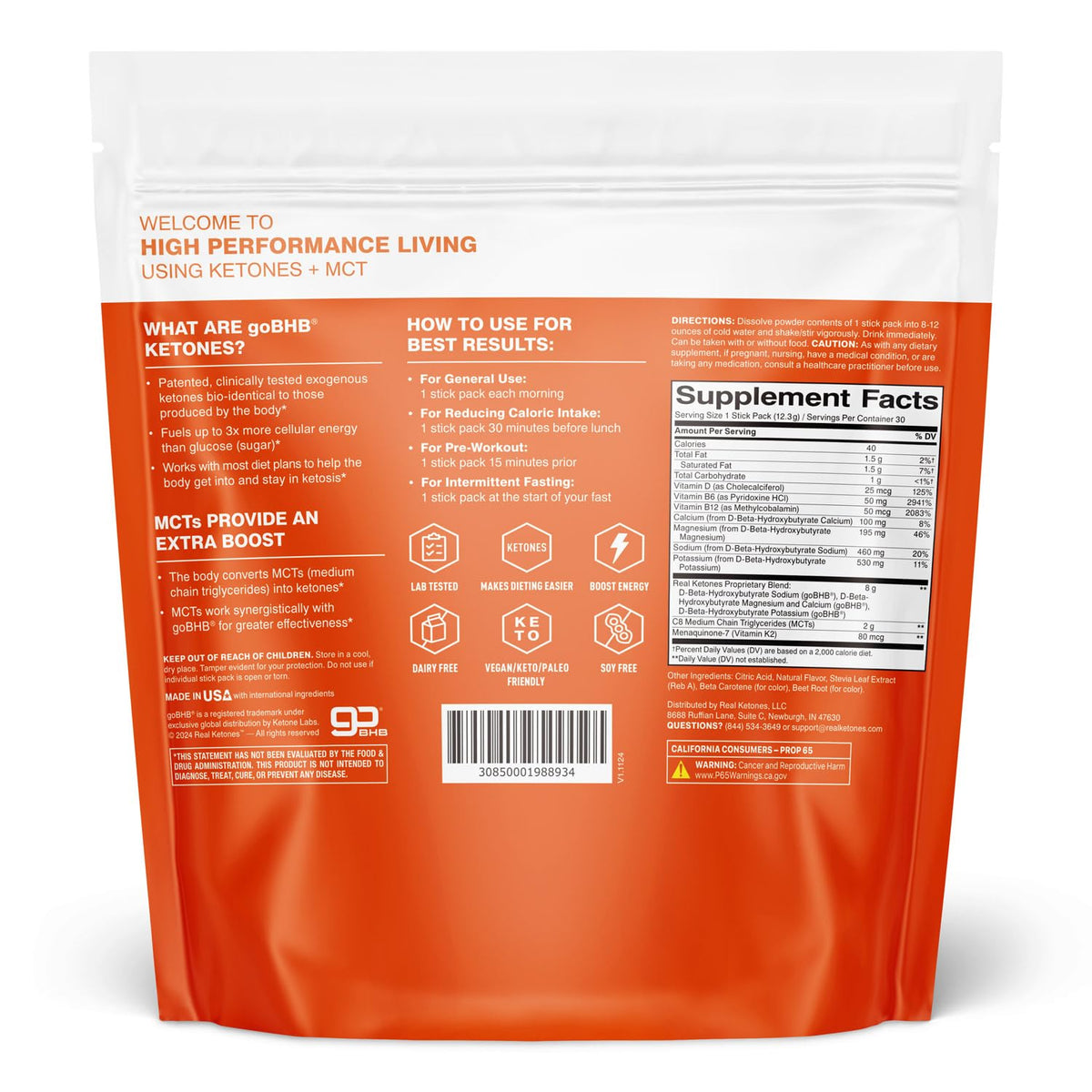 Sachets de poudre Real Ketones BHB et MCT avec ingrédients en arrière-plan