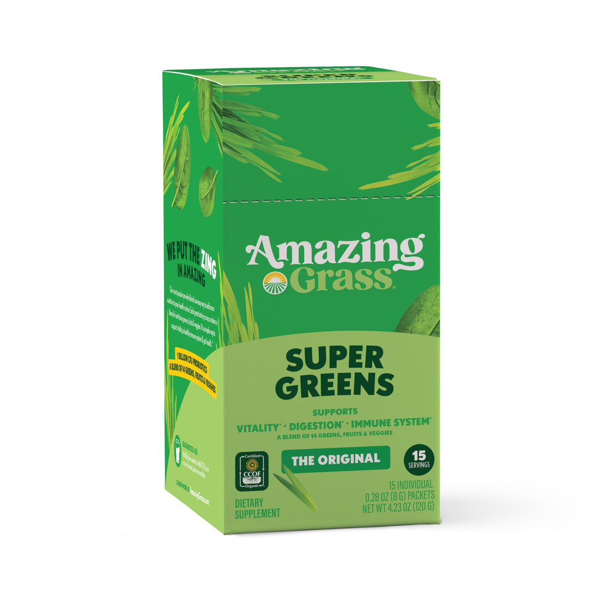 Sachets de poudre Super Greens Original d'Amazing Grass sur une table