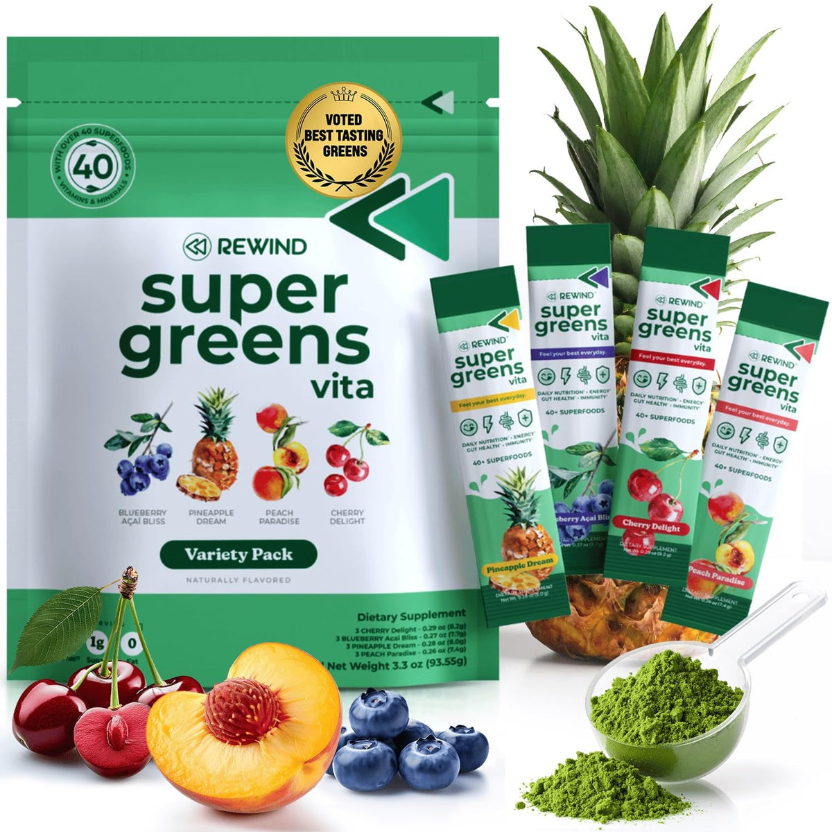 Sachets de poudre Super Greens Rewind, pack de 12 sticks