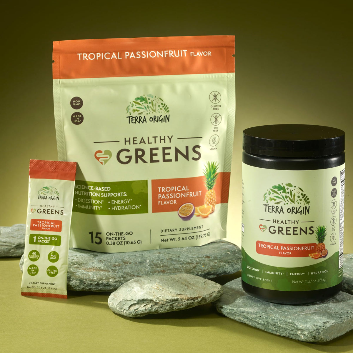Sachets de poudre TERRA ORIGIN Greens Stick Pack dans un sac de sport