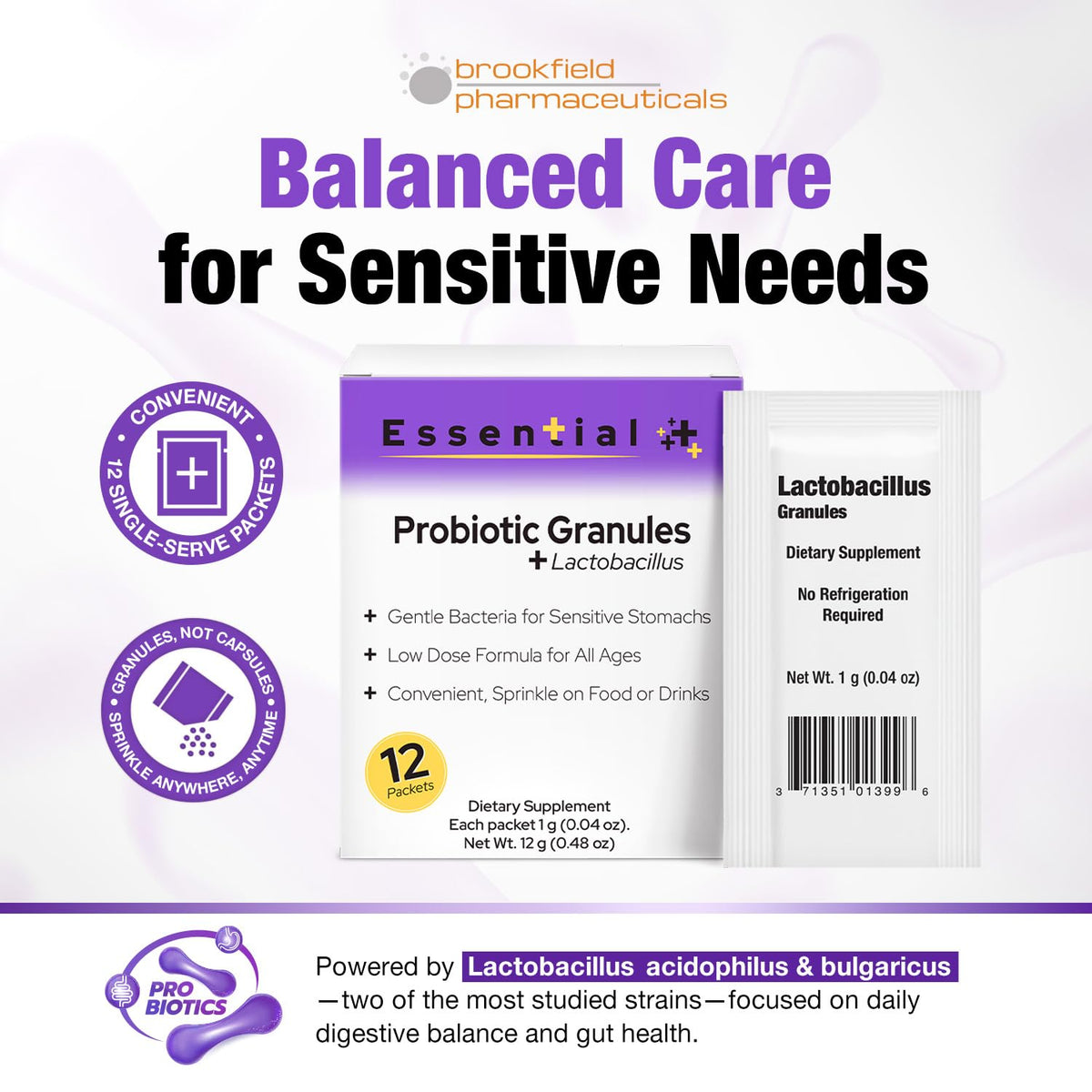 Sachets de probiotiques Lactobacillus Brookfield Pharmaceuticals, contenu