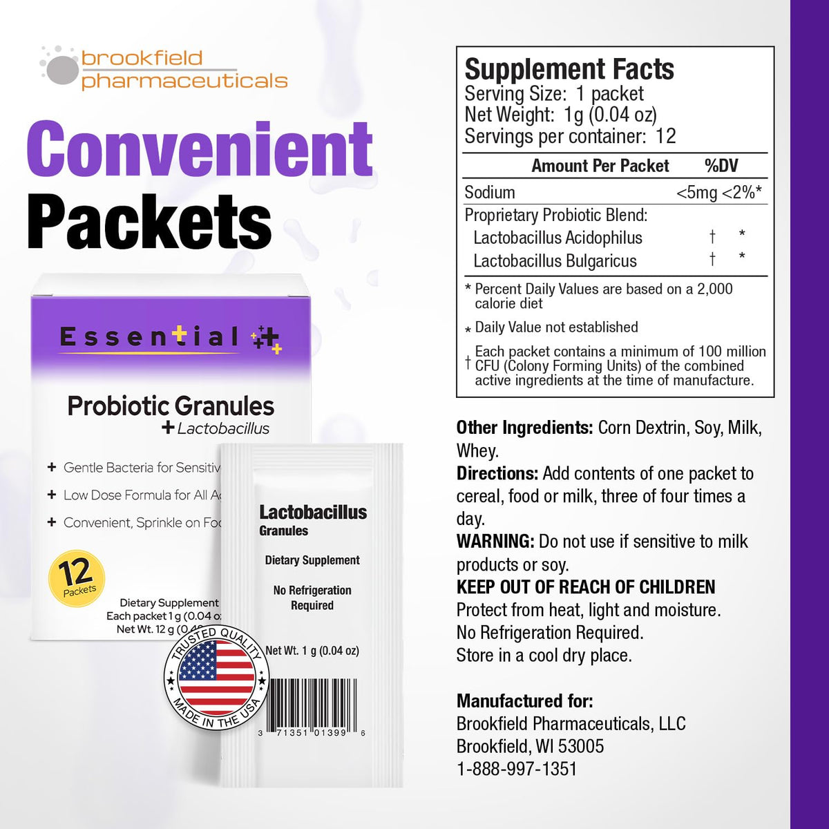 Sachets de probiotiques Lactobacillus Brookfield Pharmaceuticals, ouverture