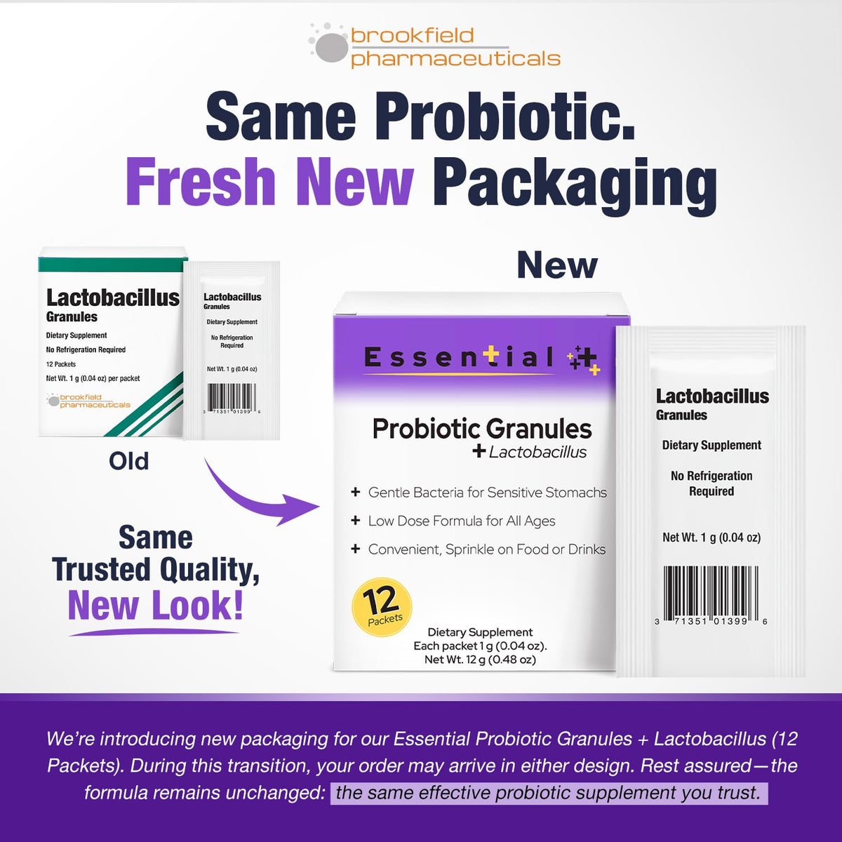Sachets de probiotiques Lactobacillus Brookfield Pharmaceuticals, vue arrière