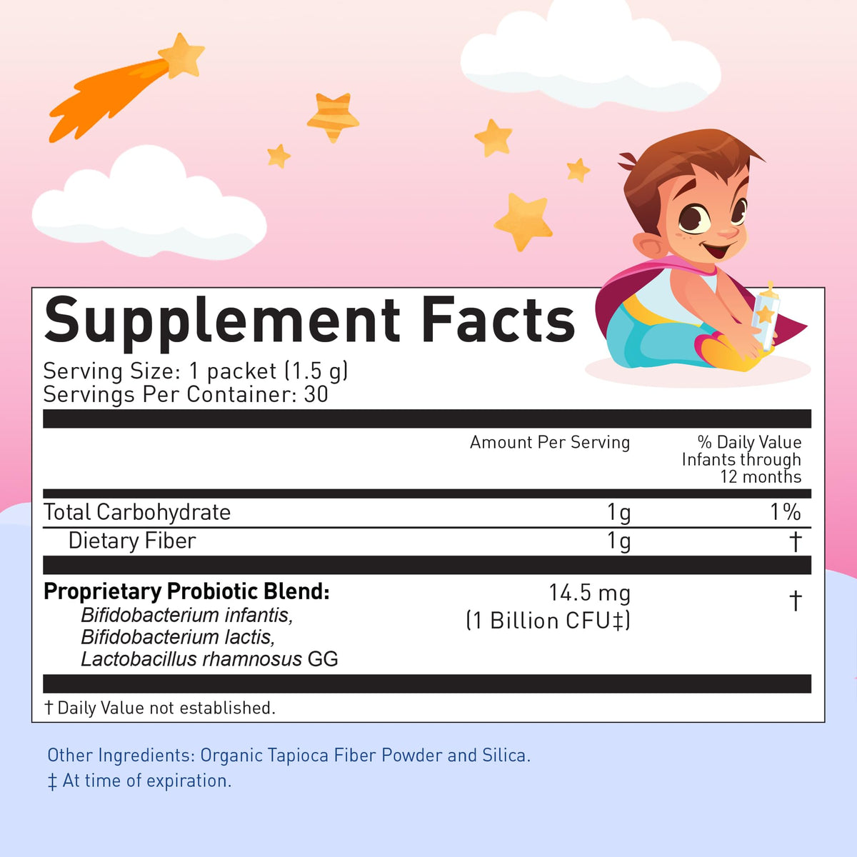Sachets de probiotiques LOVEBUG avec informations nutritionnelles
