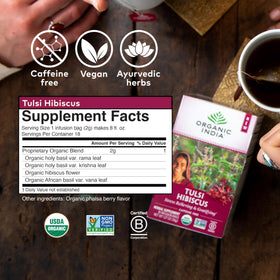 Sachets de thé hibiscus Tulsi ORGANIC INDIA sur fond blanc