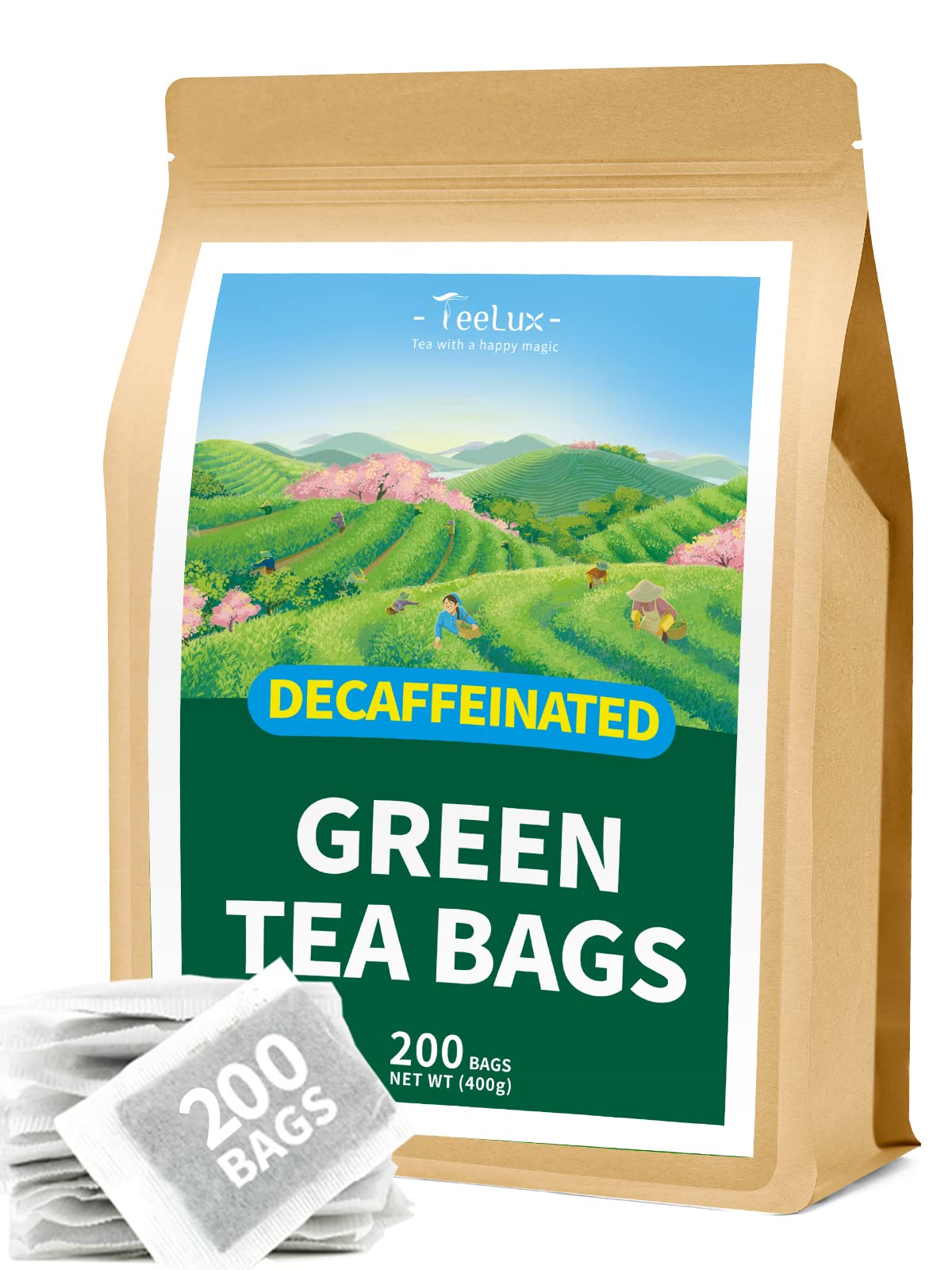 Sachets de thé vert décaféiné TeeLux, 200 sachets dans un emballage kraft