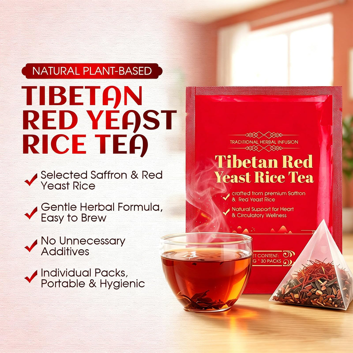 Sachets de tisane de riz rouge tibétain en vue de près