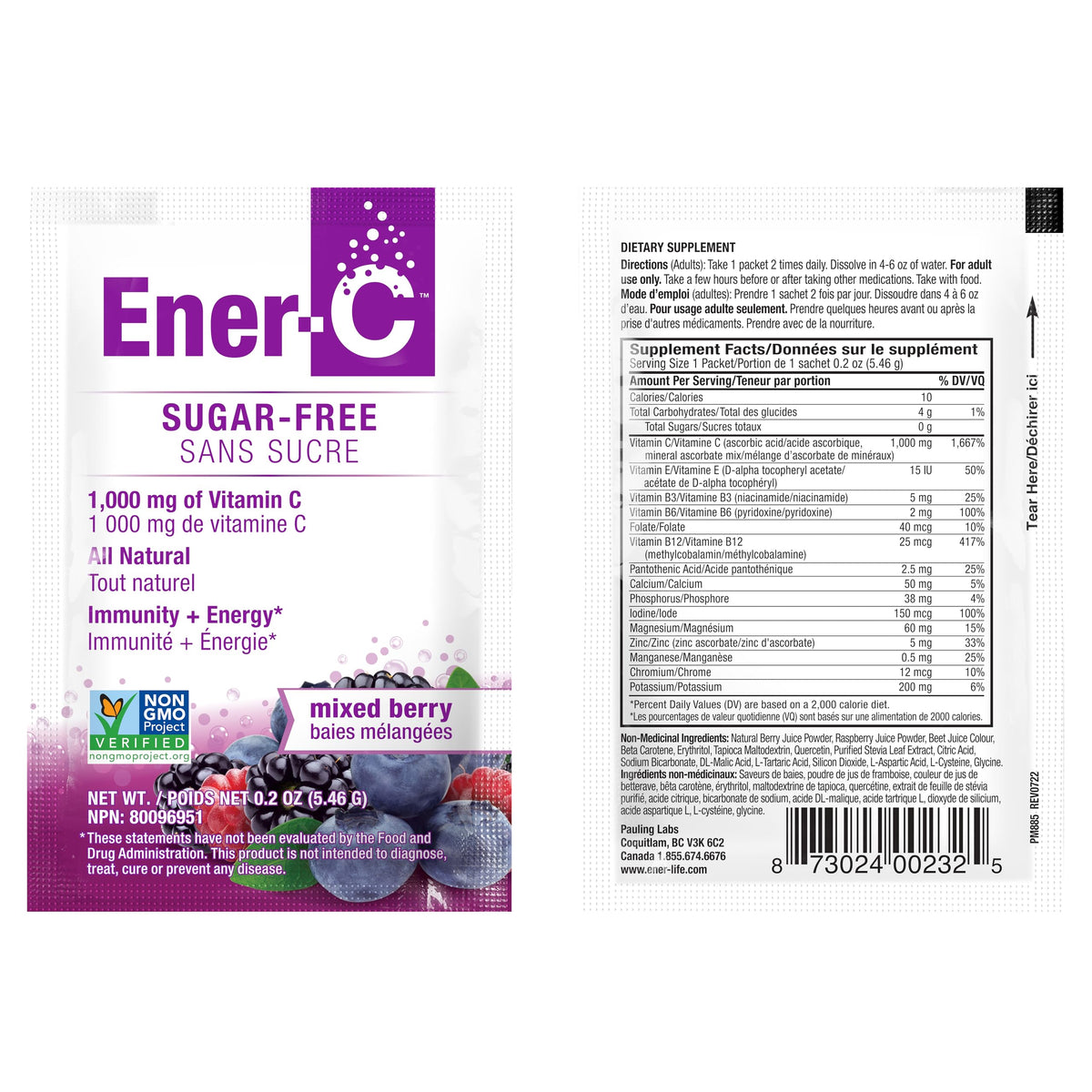 Sachets de vitamines Ener-C avec un verre d'eau et des fruits