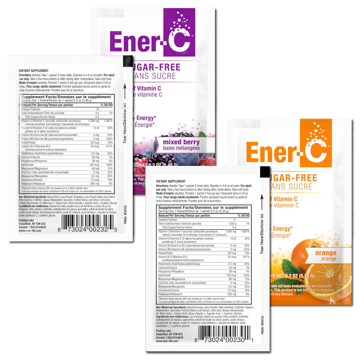 Sachets Ener-C multivitaminé avec fruits frais en arrière-plan
