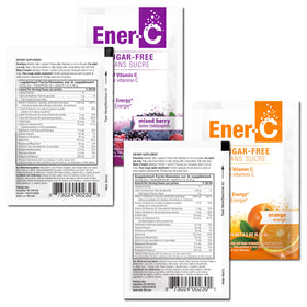 Sachets Ener-C multivitaminé avec fruits frais en arrière-plan