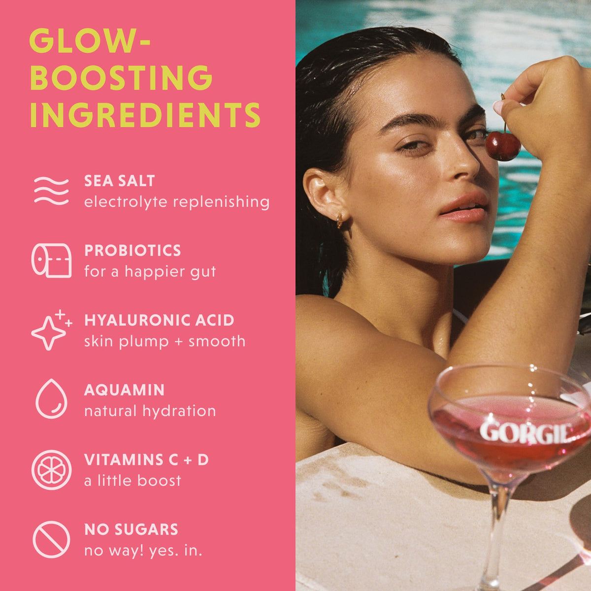 Sachets GORGIE Glow Hydration Packets en action dans un verre d'eau