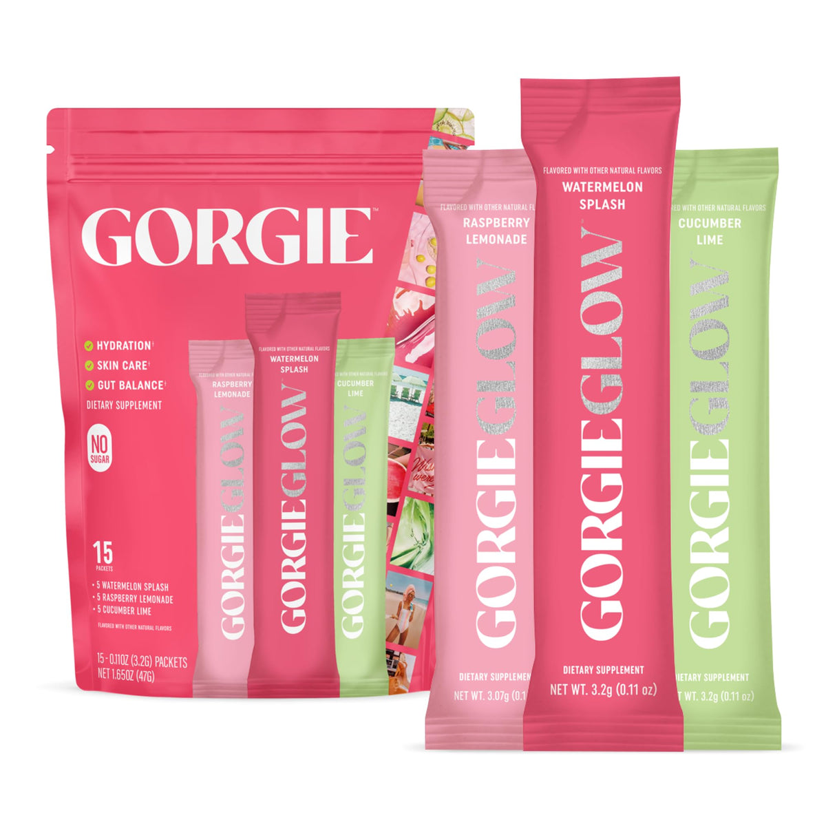 Sachets GORGIE Glow Hydration Packets en packaging coloré