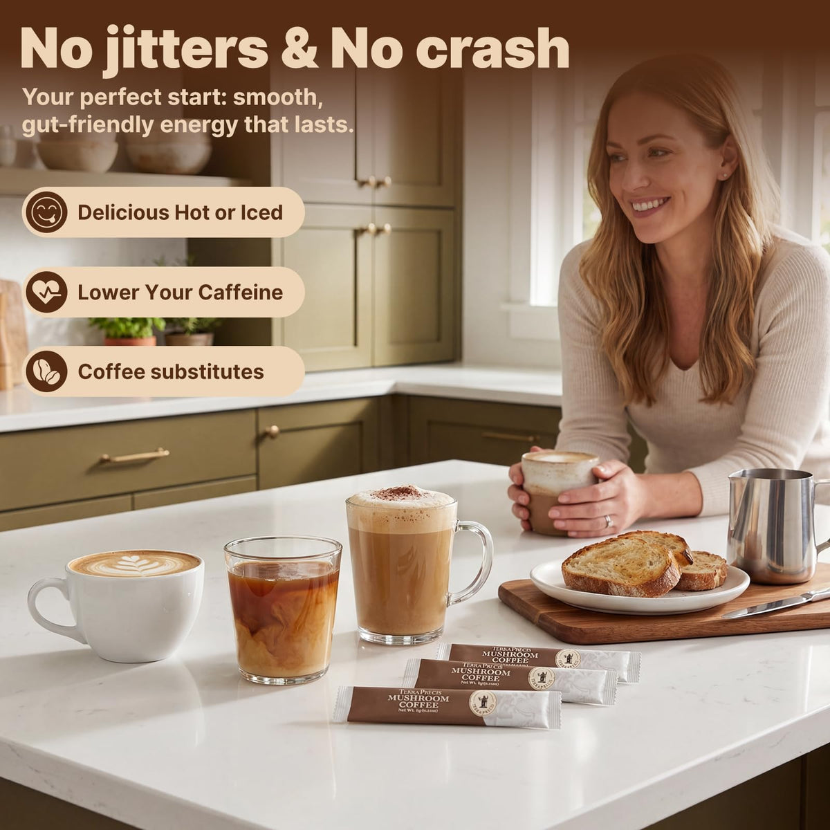 Sachets individuels de café aux champignons TerraPrecis sur une table